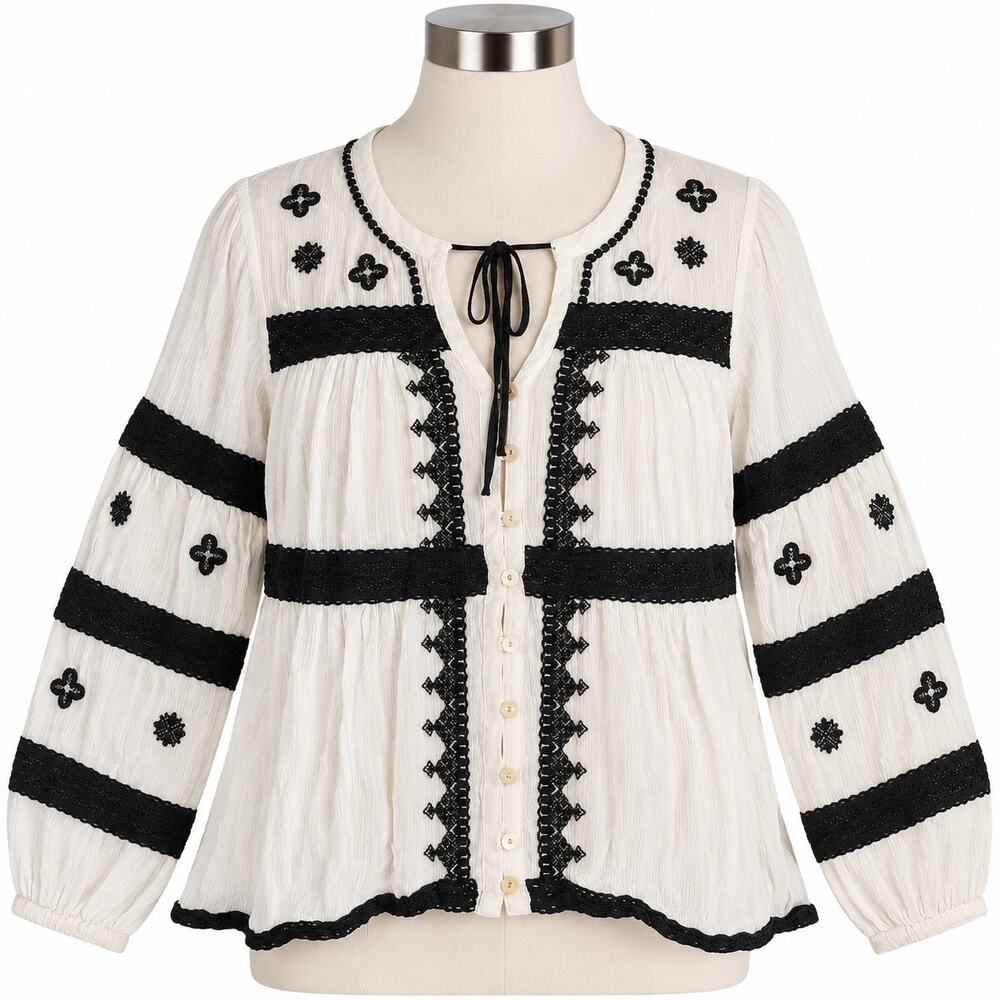 Free People Ivory Black Embroidered Boho Blouse Women's Medium M Rayon